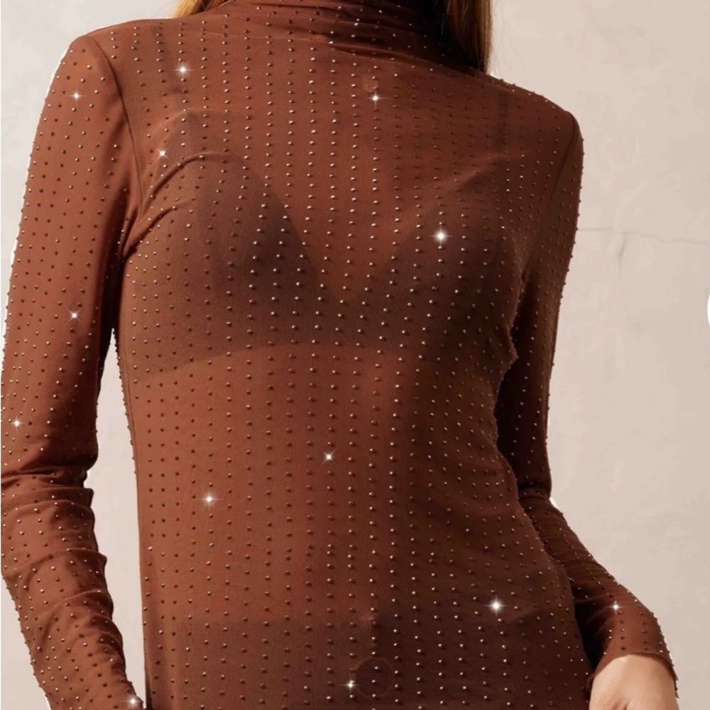 Endless Blu Rhinestone and Brown Sheer Top Size L